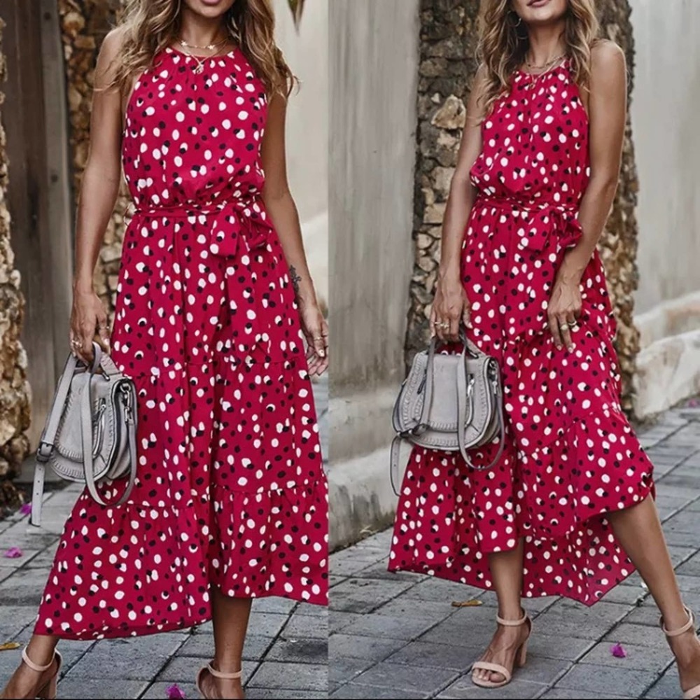 Bohemian Red Polka Dot Dress - Picture 1 of 4